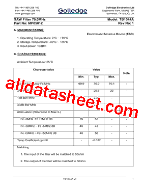 MP05012 Datasheet PDF - Golledge Electronics Ltd