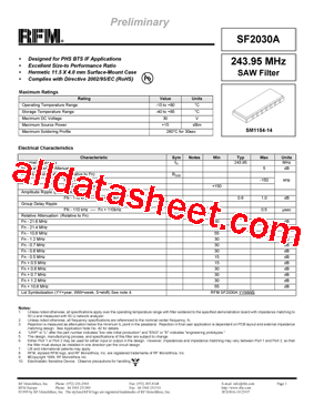 SF2030A Datasheet PDF - RF Monolithics, Inc